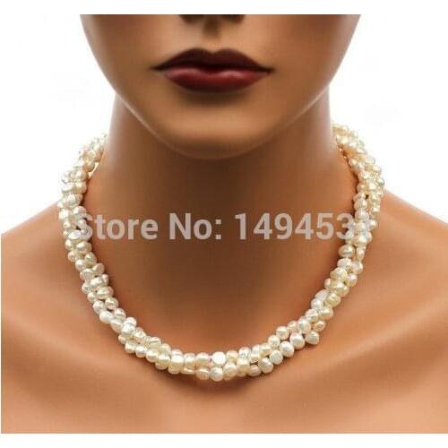 Wholesale Pearl Jewelry - 3 Strands White Color Baroque Genuine Freshwater Pearl Necklace Earrings - Handmade Jewelry Set
