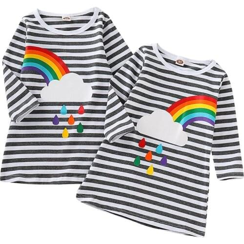 VOGUEON Fancy Girl Long Sleeve Dress Stripe Rainbow Print Dresses Kids Birthday Party Baby Girls Casual Vestido Children Clothes