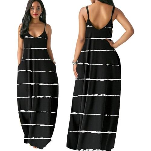 Dress Summer Womens Clothing Sexy Sleeveless V Neck Sling Personality Strip Pocket Pattern Printed Casual Loose Long Skirt