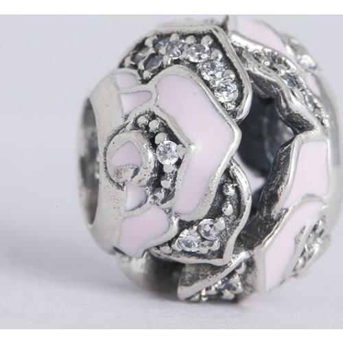 Fits Pandora Bracelets Mothers Day Pink Enamel Rose Charm Beads Original 925 Sterling Silver Pave CZ Flower Charm Jewelry