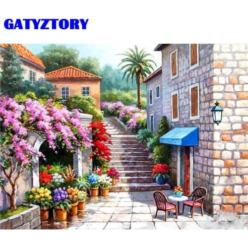 GATYZTORY Frame Diy Painting By Numbers Houses Stairs Paint By Number Landscape Handpainted Wall Decor Frame 40×50cm Gift