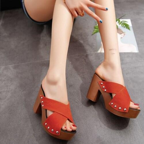 Summer Thick Heel Multicolor Square Sandals Ladies Casual Velvet Platform Shoes Rivet High Heels Waterproof Women Slippers Rome