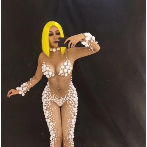 Customize Sexy White Small Balls Christmas Jumpsuit Stage Wear Costume Rompers Womens Stretch Nude Bodysuit Birthday Celebrate