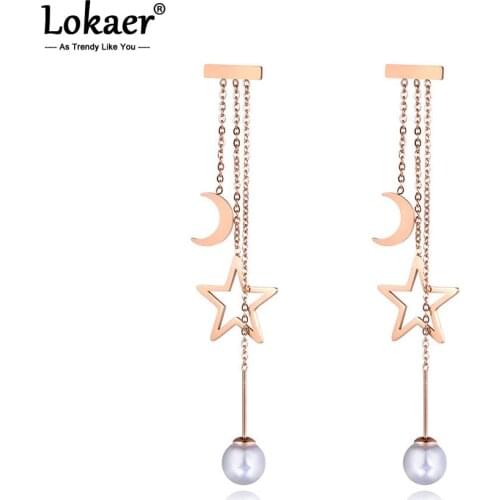 Lokaer Trendy Stainless Steel Star Moon Tassel Drop Earrings Jewelry White Pearl Rose Gold Dangle Earrings For Women Girl E19089