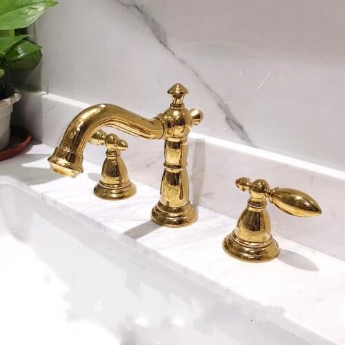 Bathroom Basin Faucets Brass Widespread Sink Mixer Taps Hot & Cold Deck Mounted 3 Hole Nordic Style Deck Mounted Rose Golden