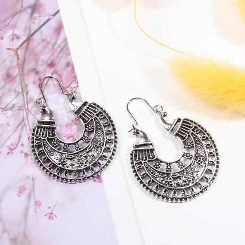 Vintage Ethnic Carved Drop Earring Simple African Tribal Jewelry Women Antique Silver Color Hook Earring Metal Banquet Earring
