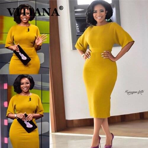 VITIANA Women Elegant Fashion Bodycon Dress Summer 2020 Female Slim Office Lady OL Yellow Midi Dresses Femme Casual Vestidos