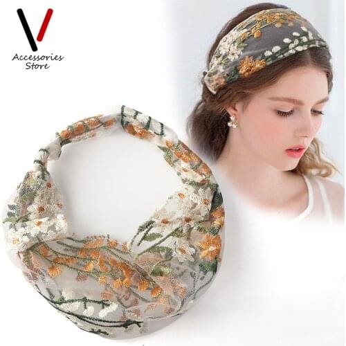 Women Retro Four Seasons Casual Thin Embroidered Headbands Lace Wide Bundle Headdress Hair Cover Binding Face Washing Outdoor