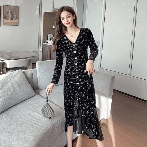 New arrival comfortable work style print trumpet dress high quality slim long office lady vintage elegant thick mermaid dress