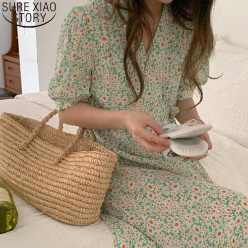 Summer Dress Women 2021 Elegant V Neck Flower Long Dress Short Sleeve High Waist A-line Midi Dresses French Style 14780