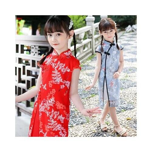 5-10 years childrens cheongsam summer girls national style fashion print dress girls costumes large childrens clothing dress