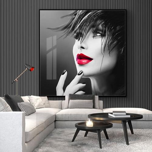Women Face With Red Lip Oil Painting on Canvas Cuadros Posters and Prints Scandinavian Wall Art Picture for Living Room Decor