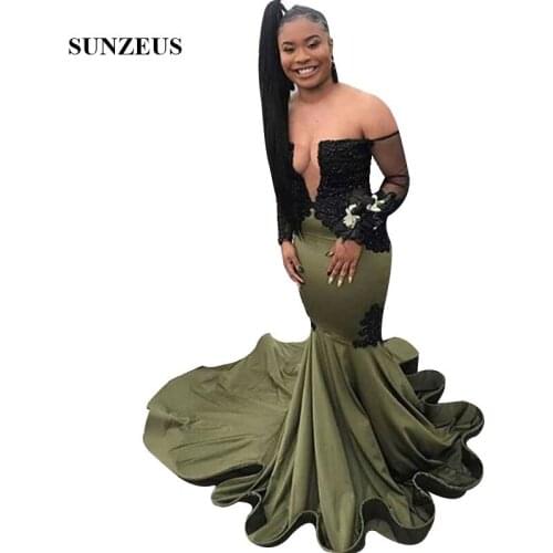 Mermaid Green Prom Dress With Black Appliques Beads Boat Neck Off Shoulder Long Sleeves Party Gowns Vestidos De Novia