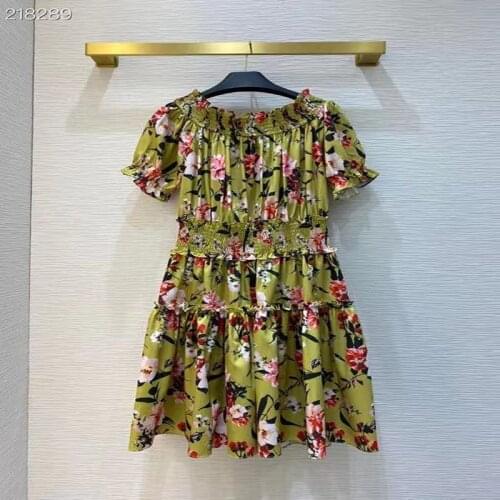 Vintage Mini Dress Womens Slash Neck Sleeveless Flowers Print Waist Elastic Ladies Party Runway High Fashion Dress 2021 Summer