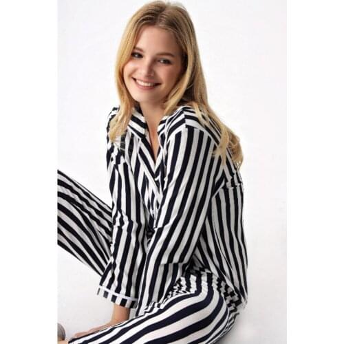 2 Piece Womens Black & White Striped Long Sleeve Cotton Satin Pajamas Setightwear Female Ladies pijamas