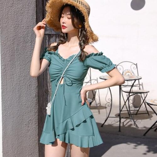 2021 Sexy Ruffle Drawstring Swimwear Tummy Control Swimdress Bathing Suit Push Up Swimsuit Pad Summer Solid Beach Swim Monokini