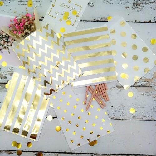 25pcs Foil Rose/Gold Dot Stripe Paper Bag Wedding Party Favor Candy Gift Bags Food Packaging Sweet Treat Craft Paper Popcorn Bag