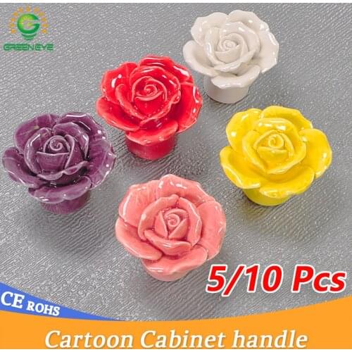5/10Pcs Rose Cartoon Children Room Ceramic Cabinet Knobs Moon Star Wardrobe Handle Garden Door Handle Cabinet Handles for Kids