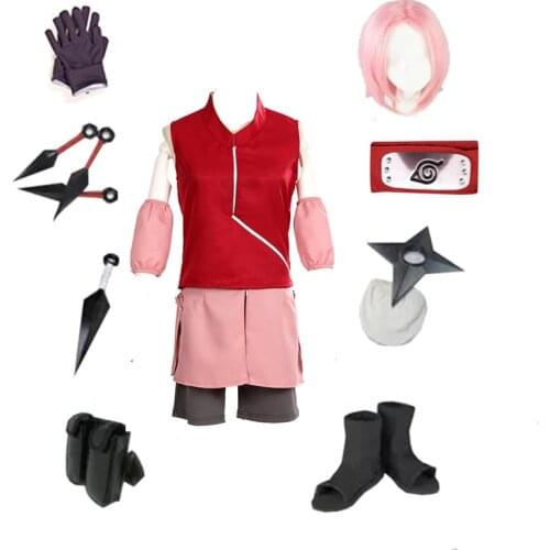 Brdwn Naruto womens Konoha Haruno Sakura Ninja Cosplay Costume (dress(top+skirt)+Headband+Shoes+Kunai+bag+shuriken)