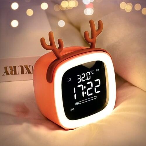 Alarm Clock Night Light Cute Cartoon Digital LED Snooze for Kids Child USB Rechargeable Battery Desktop Desk Table Alarm Clock