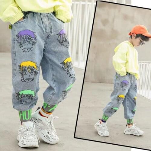 Kids Pants Boys Jeans Autumn 2020 Korean version of Childrens Boy Pant Soft Denim Juvenile Ankle-Length Pants Cartoon Casual