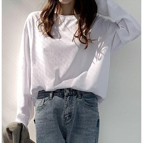 Spring New Cotton T Shirt Womens Basic Simple Solid Loose Tops Female O Neck Slim Thin Long Sleeve Casual Tees T-Shirts Femme