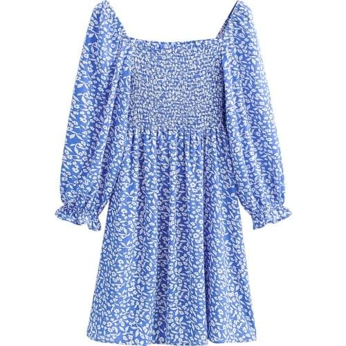 Jastie Summer Womens Dress 2021 Floral Print Square Neck Long Puff Sleeve Elastic Waist Mini Dress Sexy Boho Beach Party Dress