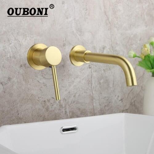 OUBONI Luxury Brushed Golden Bathroom Basin Sink Faucet Solid Brass Hot & Cold Mixer Golden Wall Mounted Bathtub Faucet Tap