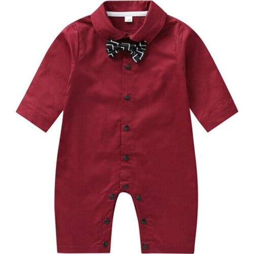Red Turn-down Collar Rompers Newborn Baby Boys Long Sleeve Bowknot Buttons Jumpsuit 1 Piece Outfit