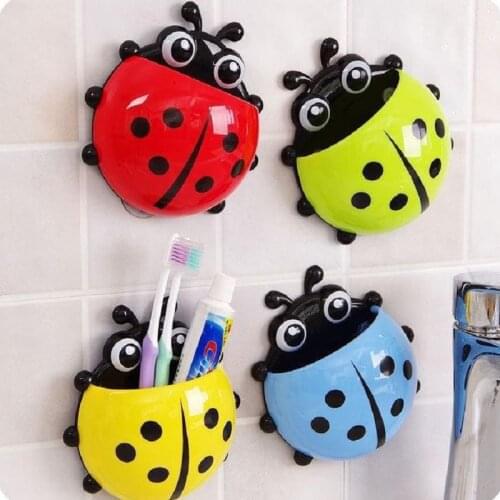 Cute ladybug insect toothbrush holder cartoon toiletries toothpaste rack suction wall type bathroom set cup toothbrush box