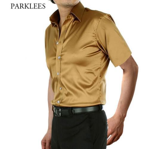 Stylish Gold Silk Satin Shirt Men Chemise Homme 2019 Casual Short Sleeve Slim Fit Mens Dress Shirts Business Camisa Masculina