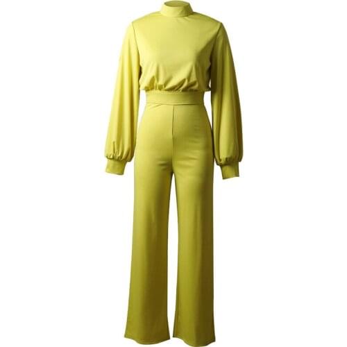 2021 Clothing New Fashion Popite WomenS Solid High Collar Long Back Hollow Jumpsuit Overalls Casual Bubble Sleeve