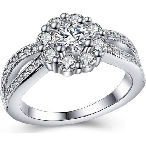 Flower silver plated jewelry 925mall lady princess cut Cubic Zircon wedding bands for women Romantic Classic party gift rings