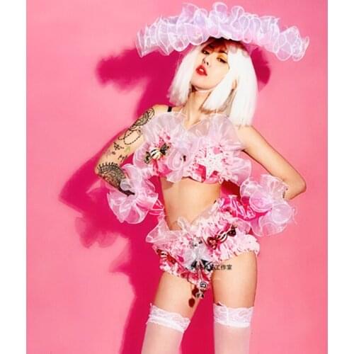 Fluffy Pink Bikini For Women Sweet Princess Women Gogo Dj Outfit Gauze Hat Nightclub Birthday Party Wear Stage Costume VDB3112