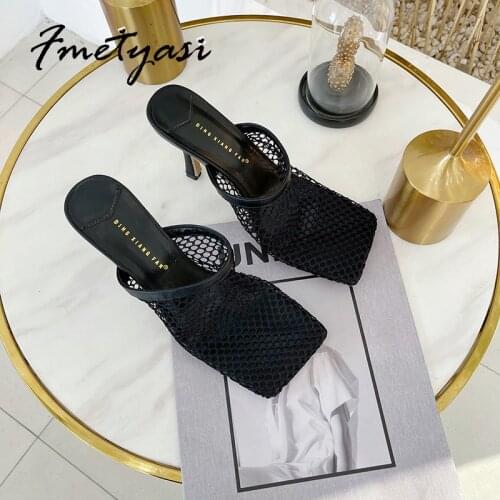 High Heels Sandals 2021 Spring Summer New Fashion Net Surface Rubber Breathable Shallow Stiletto Sandals Square Toe Thin Heels