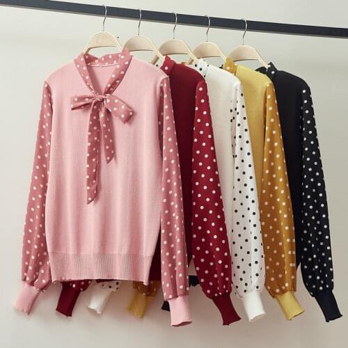 Woman Sweaters Pullover Bowknot Loose Sweater Autumn Winter Sweater Polka Dot Top Women Femme Chandails