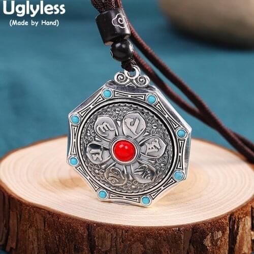 Uglyless Spinning Buddhism 6-word Mantra Necklaces for Men Big Size Agate Turquoise Octagon Pendants+Rope Thai Silver 925 Silver