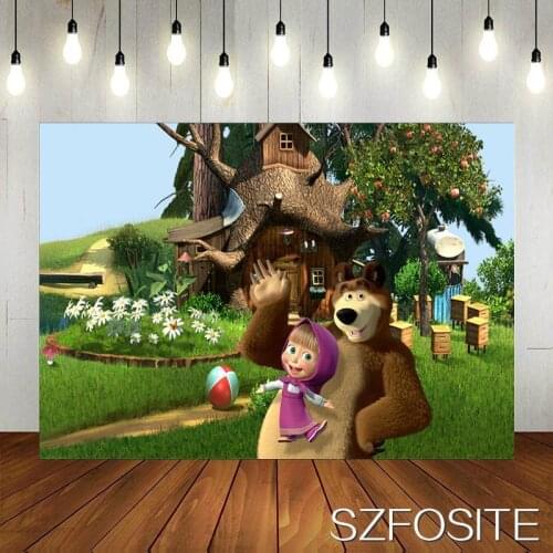 Spring Grass Flowers Girl Bear Ball Cartoon Backdrop Child Birthday Party Decoration Kids Room Newborn Custom Background Photo
