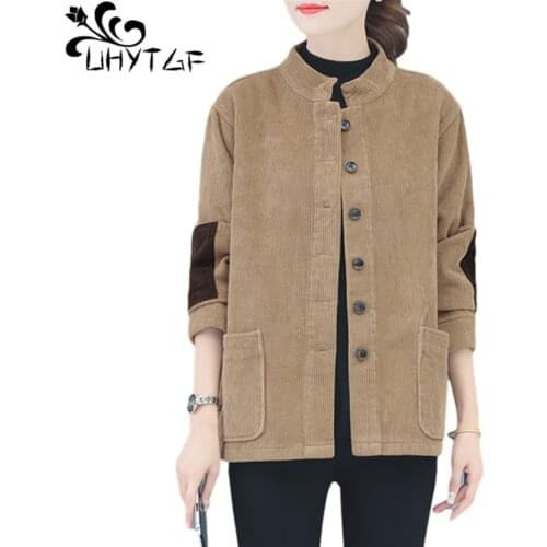 UHYTGF Vintage Corduroy Autumn Winter Jacket Women Plus Velvet Thick Casual Warm Short Coat Mother Loose Large Size Outwear 1455