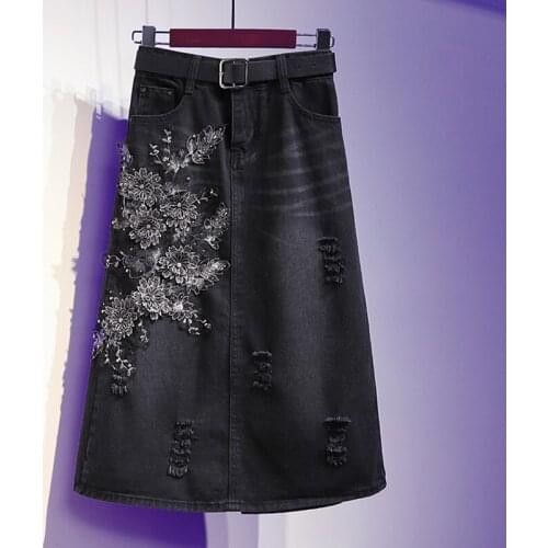 Vintage Embroidery Flower Vintage Women Skirts Summer 2021 HIgh Waist Straight Knee-Length Casual All Match Female Clothing