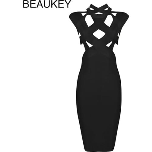 BEAUKEY Black Rayon High Neck Cross Hollow Out Knee Length Women Sexy Bodycon Bandage Dress Hot Party Club Celebrity Vestidos