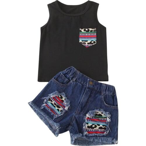 2Pcs Kids Girls Summer Autumn Simple Style Dot Printing Sleeveless Round Collar Pocket Top + Casual Denim Shorts 2pc Set 1-6Y