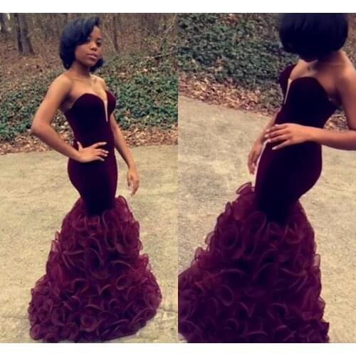 2020 Burgundy Mermaid Prom Dresses African Aso Ebi Velvet Sweetheart Ruffles Tiered Skirts Sexy Long Evening Celebrity Gowns