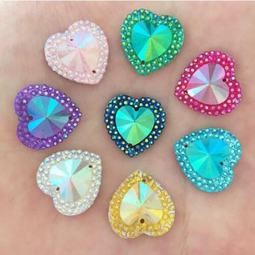 40PCS shiny AB Resin 16mm heart Flat back rhinestone scrapbook Wedding Embellishment diy 2 hole appliques