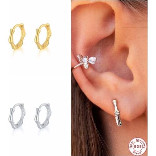 GS 925 Sterling Silver Gold Bamboo Shape Hoop Earrings For Women Mini Circle Loops Huggie Earrings Rock Punk Fine Jewelry Gift