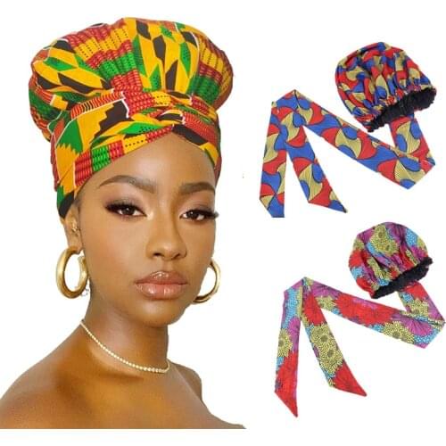 African Pattern Print Satin Bonnet With Long Ribbon Wrap Double Layer Ankara Turban Women Hair Cover Large Size Headwrap Cap
