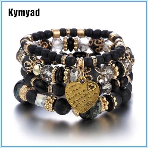 Kymyad Beads Bracelets for Women Boho Jewelry Femme Pulseras Resin Stone Heart Charm Bracelet Bijoux Multilayer Bracelet Set