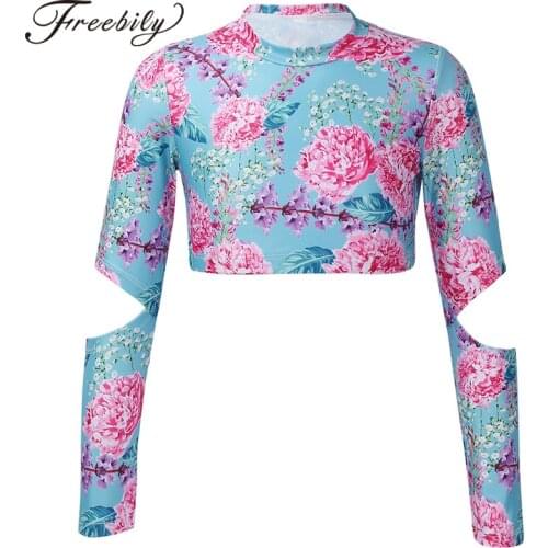 Kid Girls Slight High Neck Yoga Shirts Sports Top Breathable Long Sleeve Printed Elastic Crop Top for Gym Training Fitness Sport