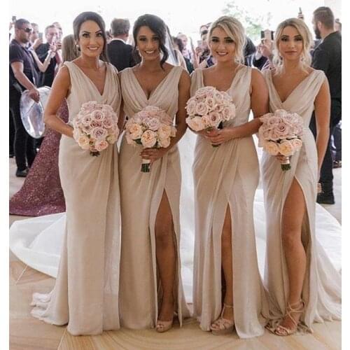 Elegant Mermaid Bridesmaid Dress V Neck Sleeveless Pleated Split Long Chiffon Slit Bridesmaid Dress Wedding Party Custom Made