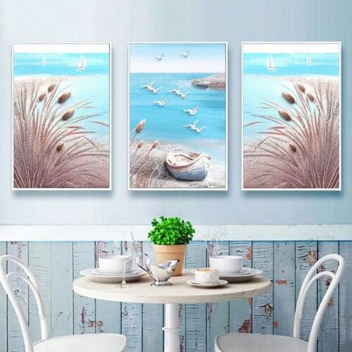 Ocean Blue Sea Boat Landscape 3Pieces 5D Diy Diamond Painting Rhinestone Picture Diamond Embroidery Cross Stitch KitsZP-4690
